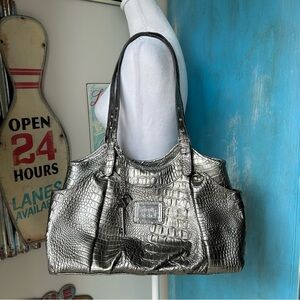 Nicole Miller Metallic Silver Croc Embossed Hobo Purse